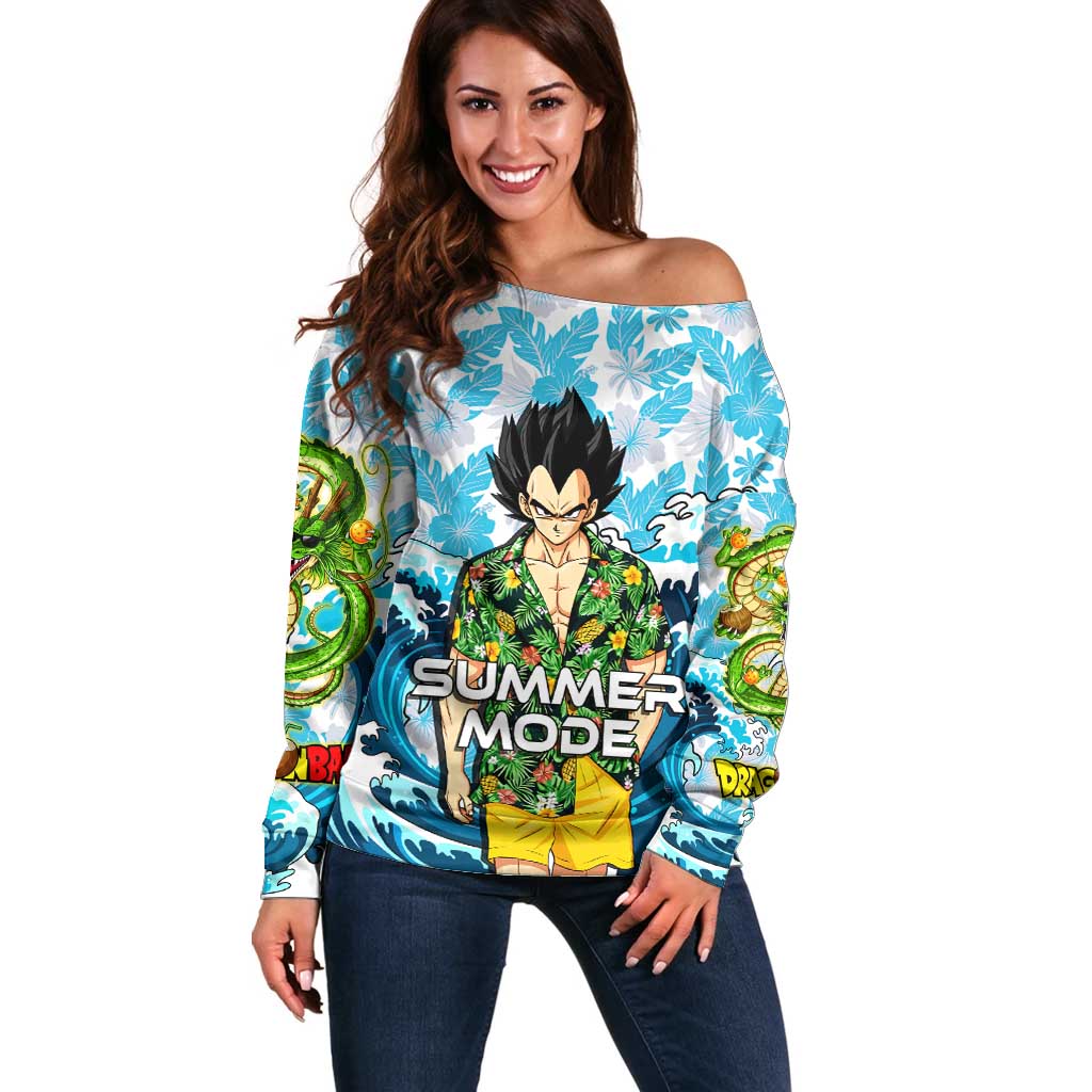 Vegeta Dragon Ball Summer Theme Off Shoulder Sweater with Hawaiian Shirt Sunglasses Shenron and Ocean Wave Background - The Mazicc