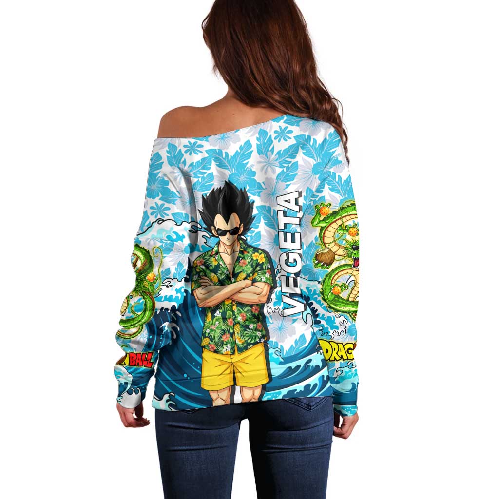 Vegeta Dragon Ball Summer Theme Off Shoulder Sweater with Hawaiian Shirt Sunglasses Shenron and Ocean Wave Background - The Mazicc