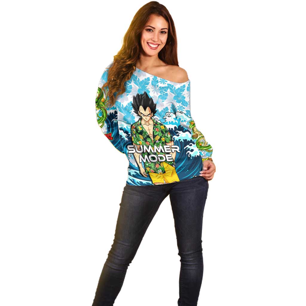 Vegeta Dragon Ball Summer Theme Off Shoulder Sweater with Hawaiian Shirt Sunglasses Shenron and Ocean Wave Background - The Mazicc