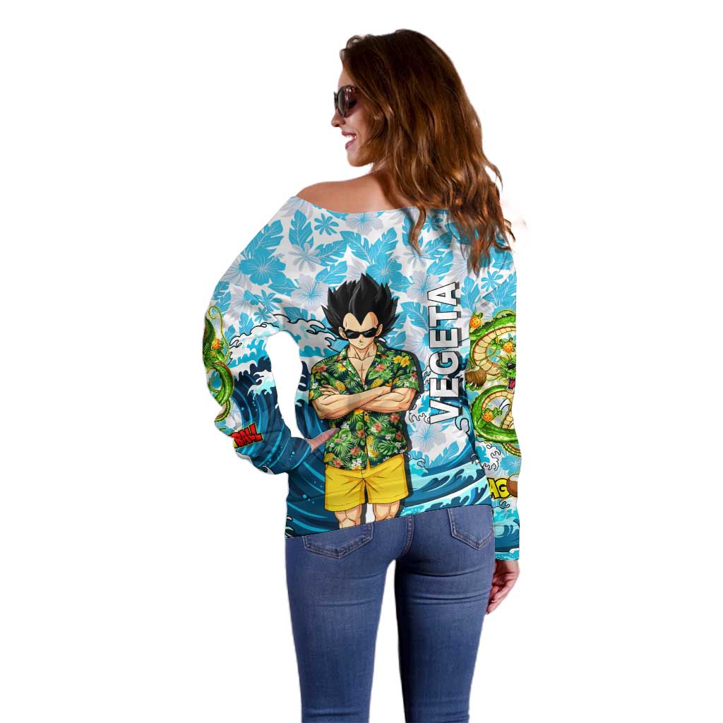 Vegeta Dragon Ball Summer Theme Off Shoulder Sweater with Hawaiian Shirt Sunglasses Shenron and Ocean Wave Background - The Mazicc