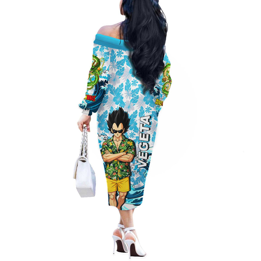 Vegeta Dragon Ball Summer Theme Off The Shoulder Long Sleeve Dress with Hawaiian Shirt Sunglasses Shenron and Ocean Wave Background - The Mazicc