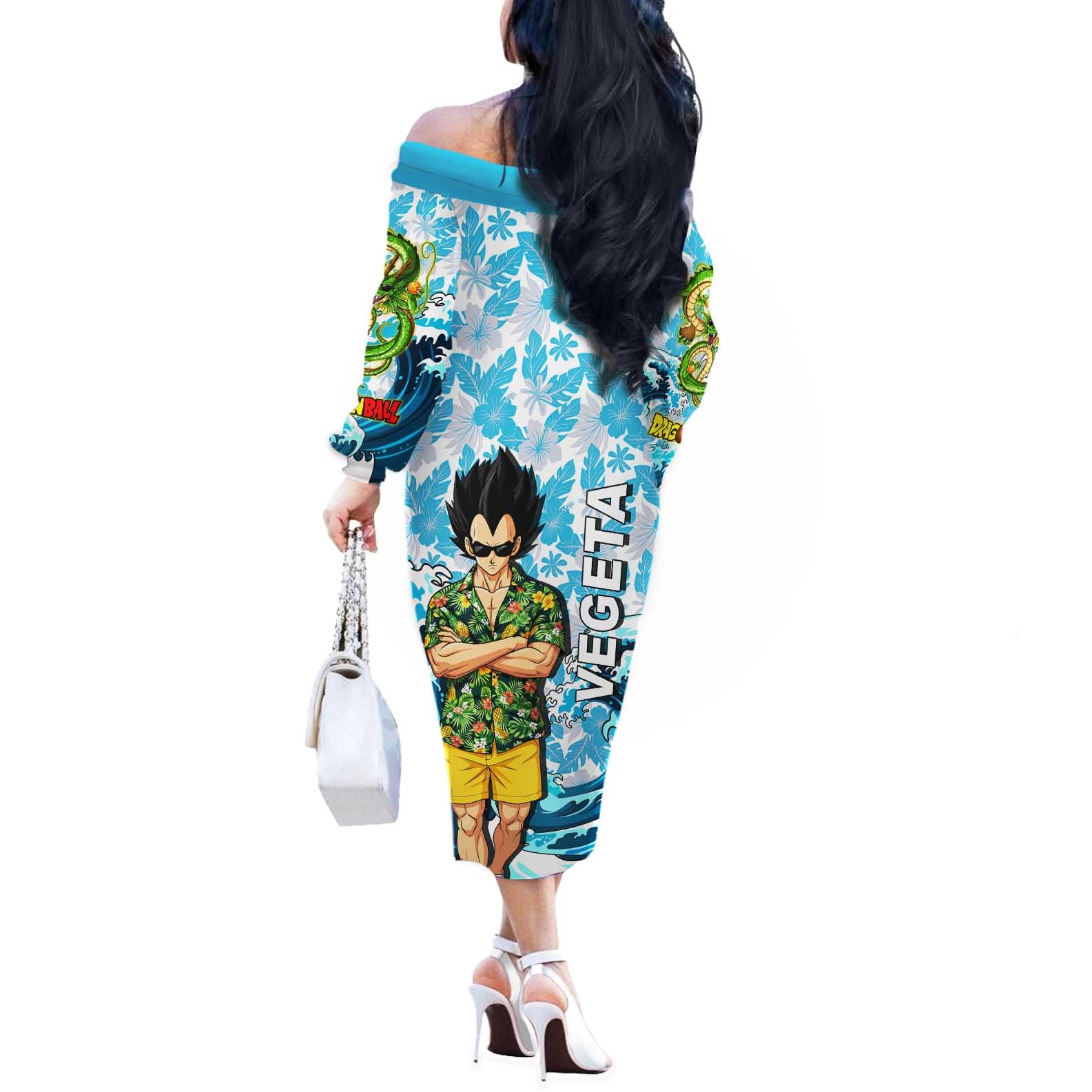 Vegeta Dragon Ball Summer Theme Off The Shoulder Long Sleeve Dress with Hawaiian Shirt Sunglasses Shenron and Ocean Wave Background - The Mazicc