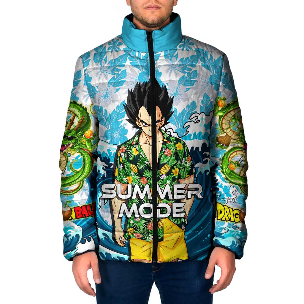 Vegeta Dragon Ball Summer Theme Padded Jacket with Hawaiian Shirt Sunglasses Shenron and Ocean Wave Background - The Mazicc