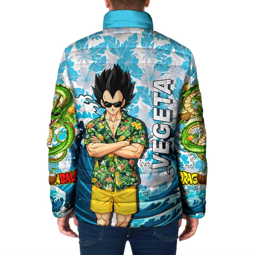 Vegeta Dragon Ball Summer Theme Padded Jacket with Hawaiian Shirt Sunglasses Shenron and Ocean Wave Background - The Mazicc