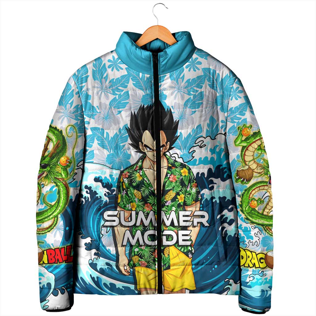 Vegeta Dragon Ball Summer Theme Padded Jacket with Hawaiian Shirt Sunglasses Shenron and Ocean Wave Background - The Mazicc