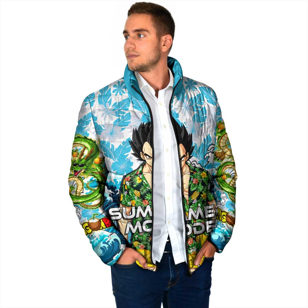 Vegeta Dragon Ball Summer Theme Padded Jacket with Hawaiian Shirt Sunglasses Shenron and Ocean Wave Background - The Mazicc