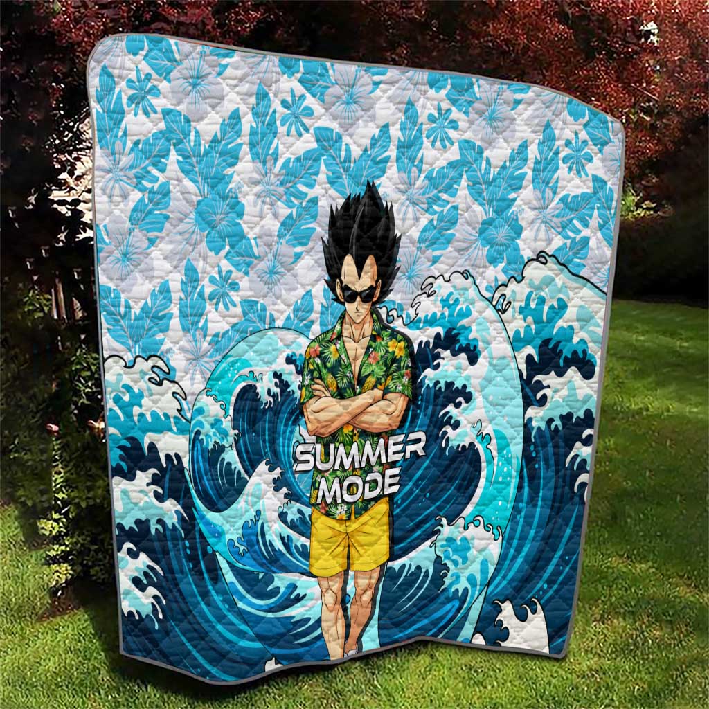 Vegeta Dragon Ball Summer Theme Quilt with Hawaiian Shirt Sunglasses Shenron and Ocean Wave Background - The Mazicc
