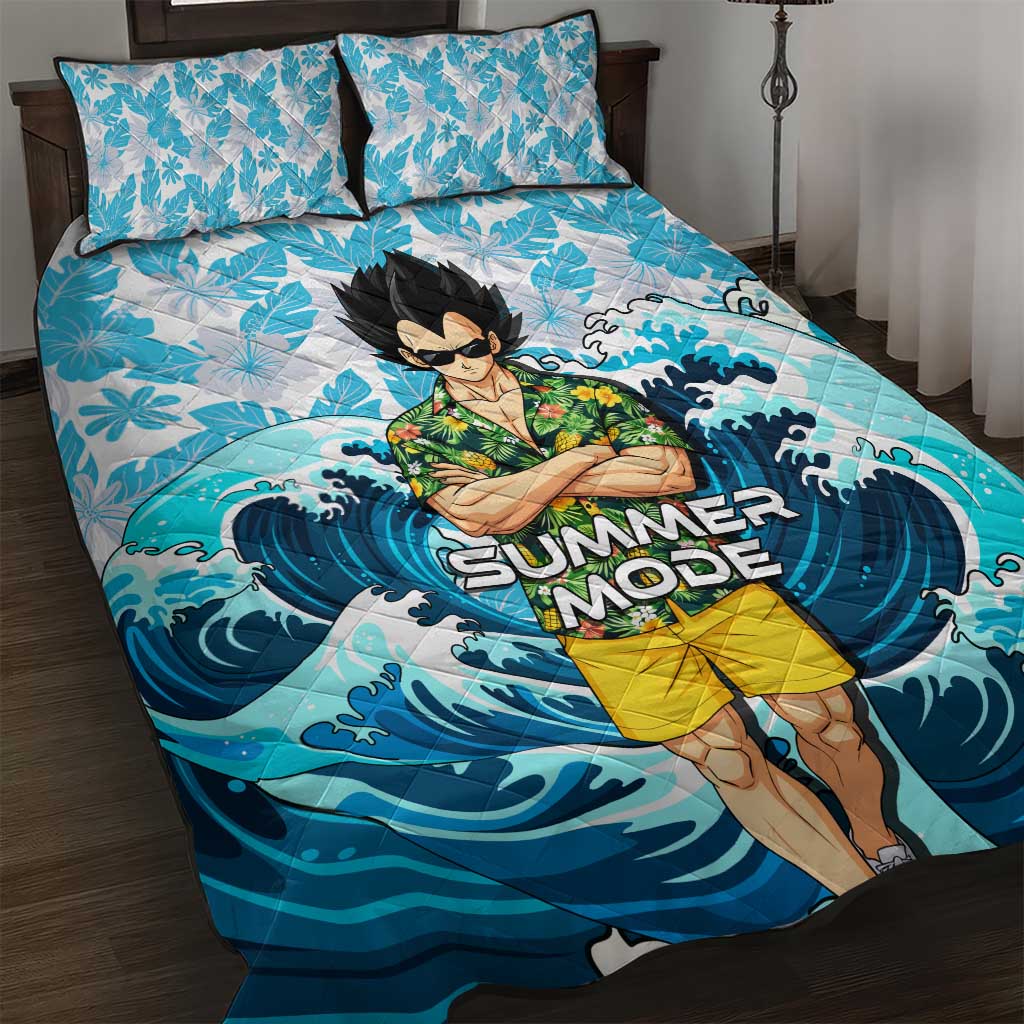 Vegeta Dragon Ball Summer Theme Quilt Bed Set with Hawaiian Shirt Sunglasses Shenron and Ocean Wave Background - The Mazicc