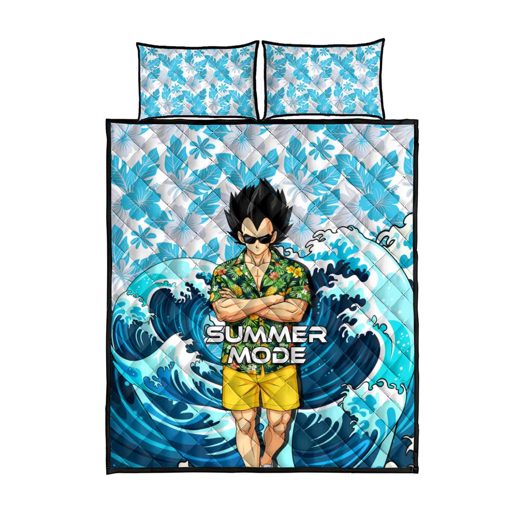 Vegeta Dragon Ball Summer Theme Quilt Bed Set with Hawaiian Shirt Sunglasses Shenron and Ocean Wave Background - The Mazicc