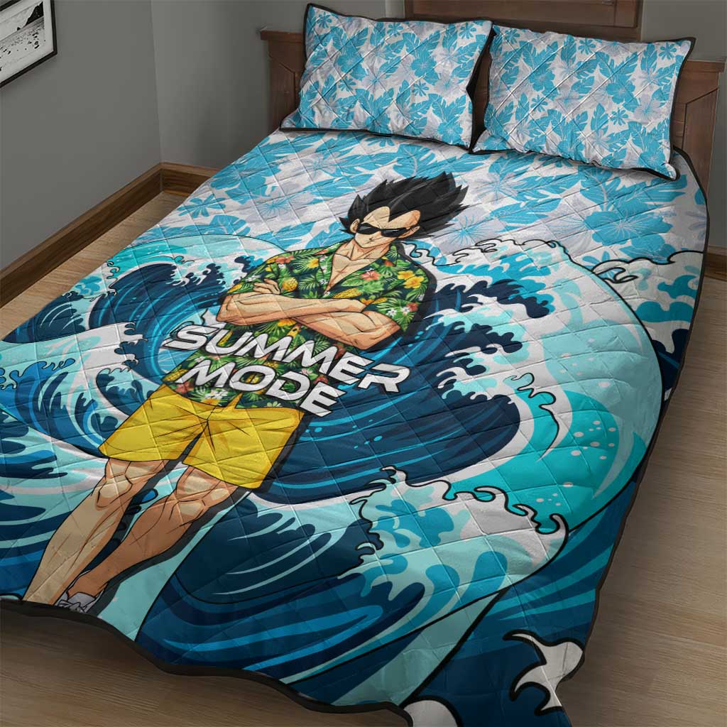 Vegeta Dragon Ball Summer Theme Quilt Bed Set with Hawaiian Shirt Sunglasses Shenron and Ocean Wave Background - The Mazicc