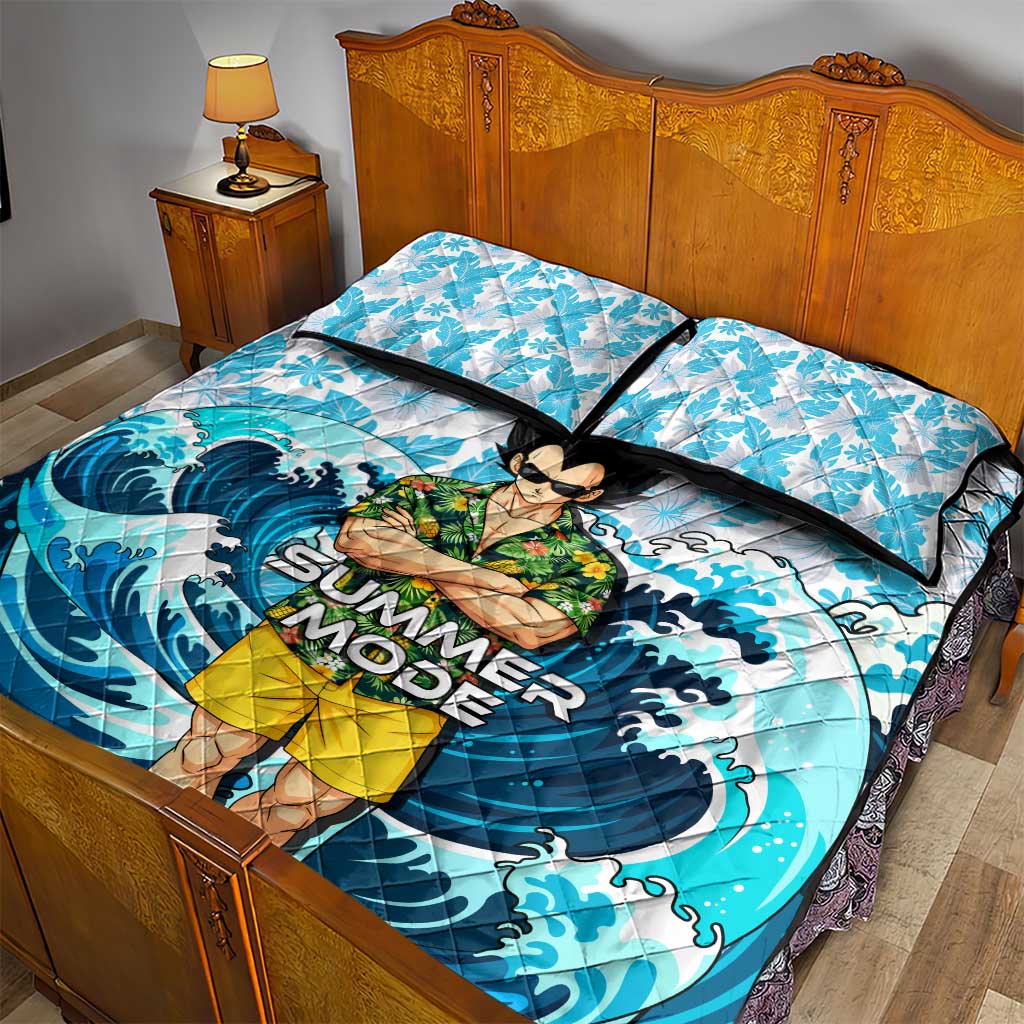Vegeta Dragon Ball Summer Theme Quilt Bed Set with Hawaiian Shirt Sunglasses Shenron and Ocean Wave Background - The Mazicc