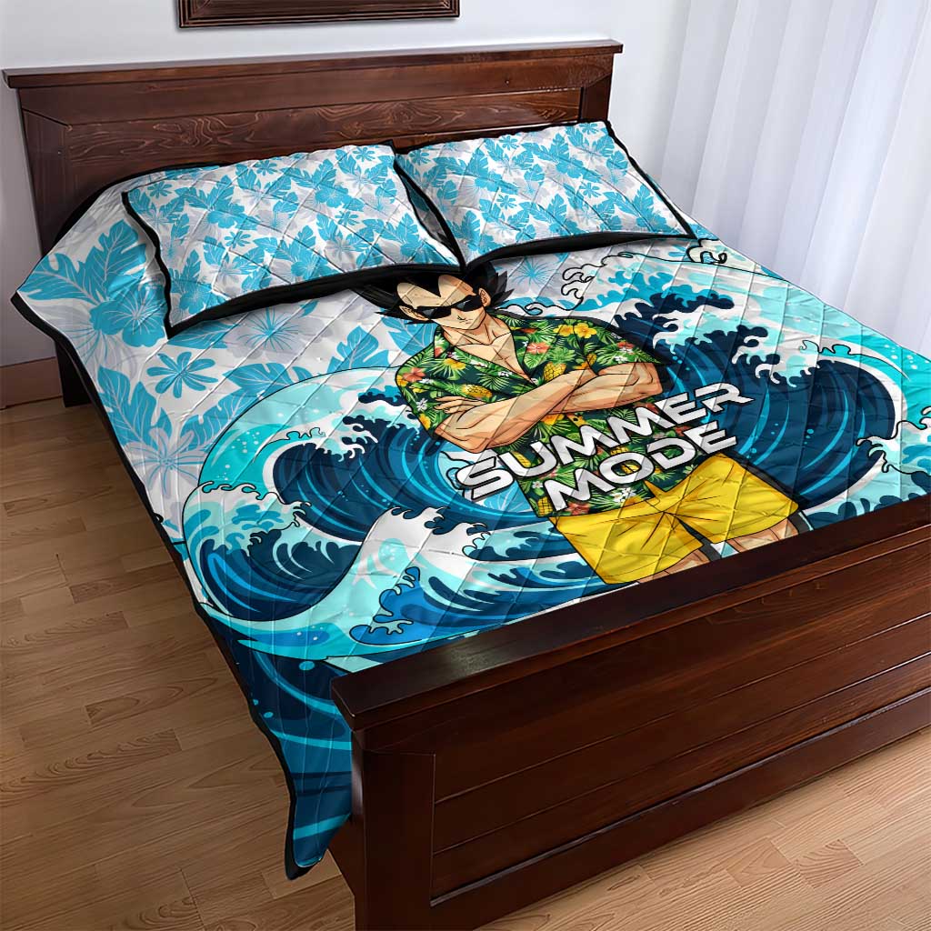 Vegeta Dragon Ball Summer Theme Quilt Bed Set with Hawaiian Shirt Sunglasses Shenron and Ocean Wave Background - The Mazicc