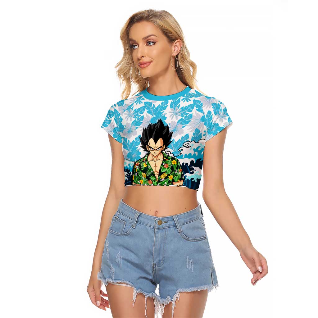 Vegeta Dragon Ball Summer Theme Raglan Cropped T Shirt with Hawaiian Shirt Sunglasses Shenron and Ocean Wave Background - The Mazicc