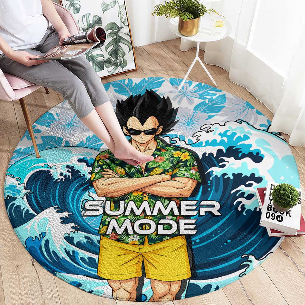 Vegeta Dragon Ball Summer Theme Round Carpet with Hawaiian Shirt Sunglasses Shenron and Ocean Wave Background - The Mazicc