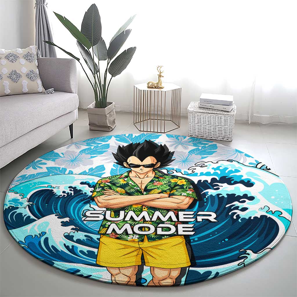 Vegeta Dragon Ball Summer Theme Round Carpet with Hawaiian Shirt Sunglasses Shenron and Ocean Wave Background - The Mazicc