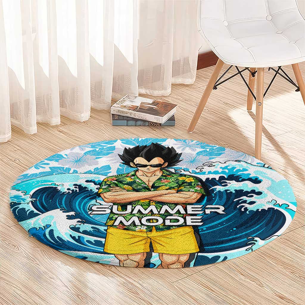 Vegeta Dragon Ball Summer Theme Round Carpet with Hawaiian Shirt Sunglasses Shenron and Ocean Wave Background - The Mazicc