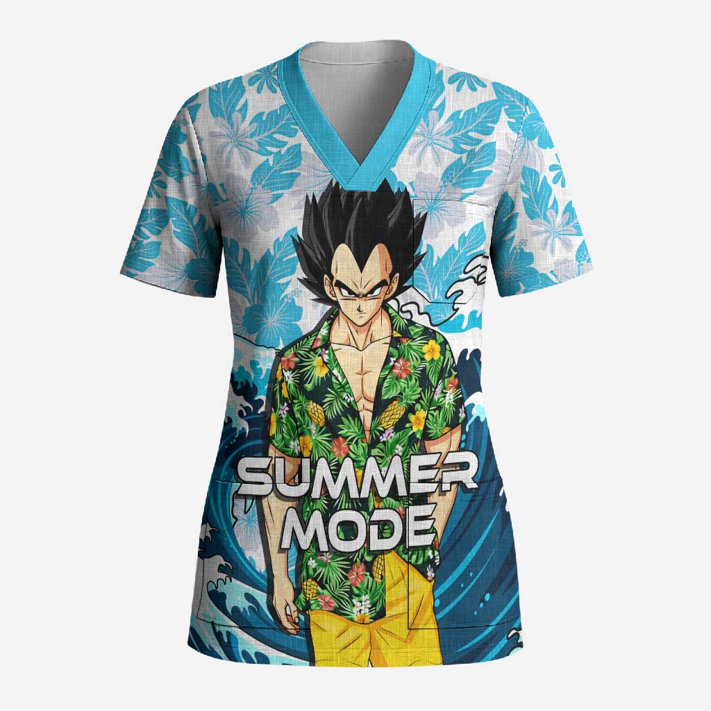Vegeta Dragon Ball Summer Theme Scrub Top with Hawaiian Shirt Sunglasses Shenron and Ocean Wave Background - The Mazicc