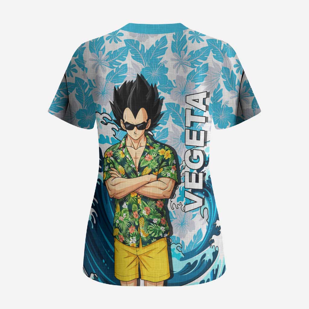 Vegeta Dragon Ball Summer Theme Scrub Top with Hawaiian Shirt Sunglasses Shenron and Ocean Wave Background - The Mazicc