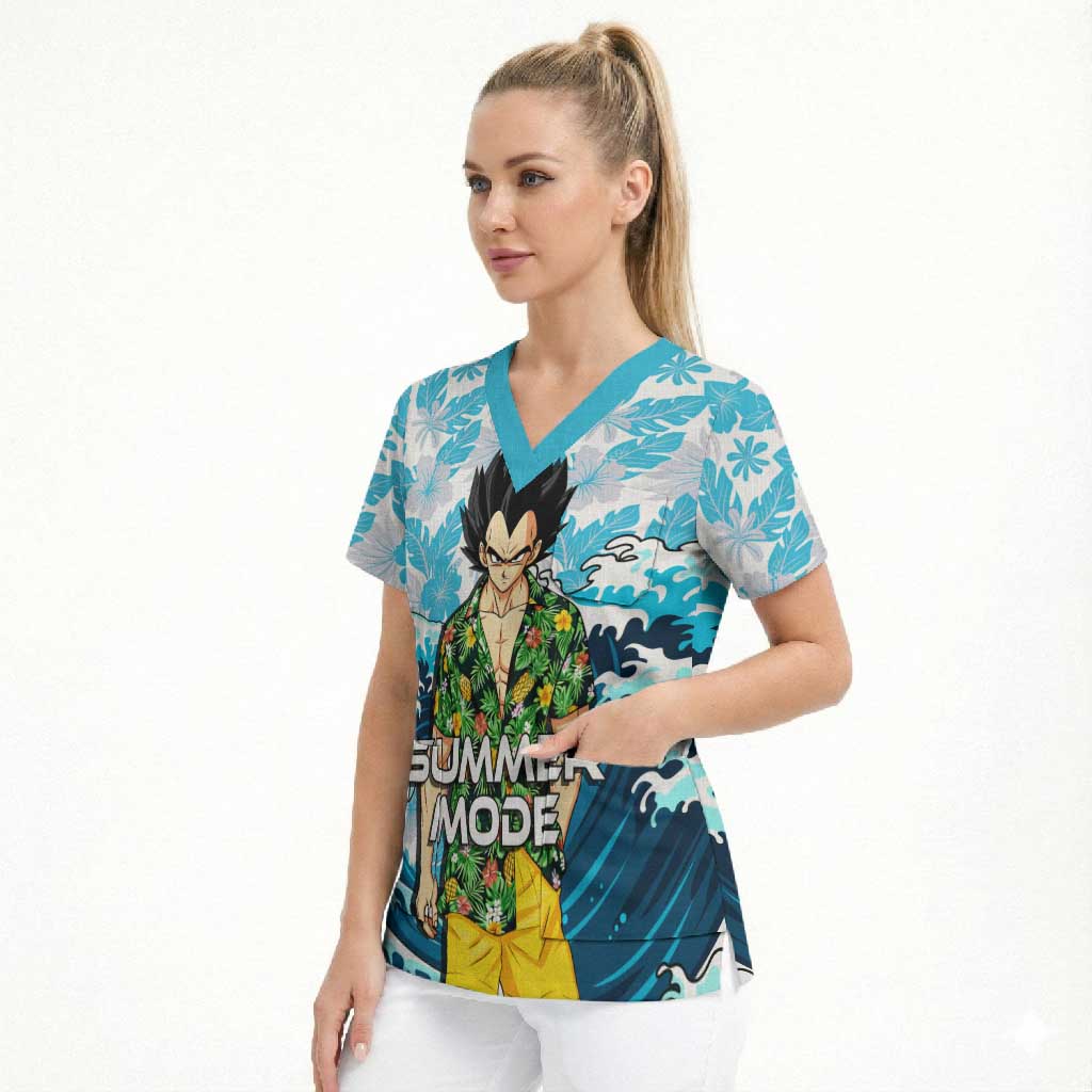 Vegeta Dragon Ball Summer Theme Scrub Top with Hawaiian Shirt Sunglasses Shenron and Ocean Wave Background - The Mazicc