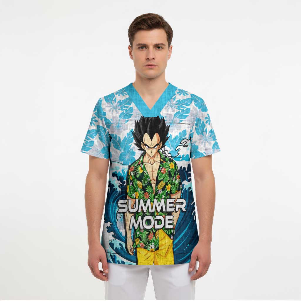 Vegeta Dragon Ball Summer Theme Scrub Top with Hawaiian Shirt Sunglasses Shenron and Ocean Wave Background - The Mazicc
