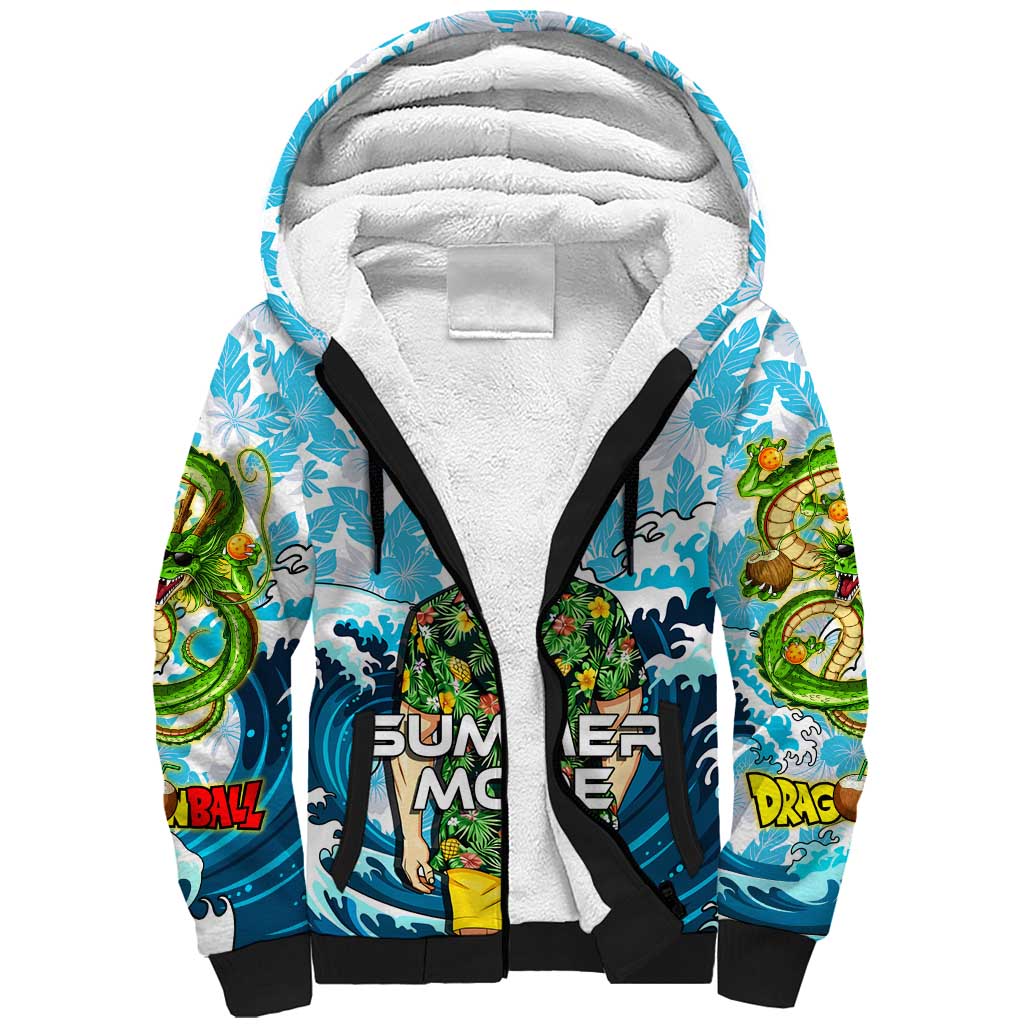 Vegeta Dragon Ball Summer Theme Sherpa Hoodie with Hawaiian Shirt Sunglasses Shenron and Ocean Wave Background - The Mazicc