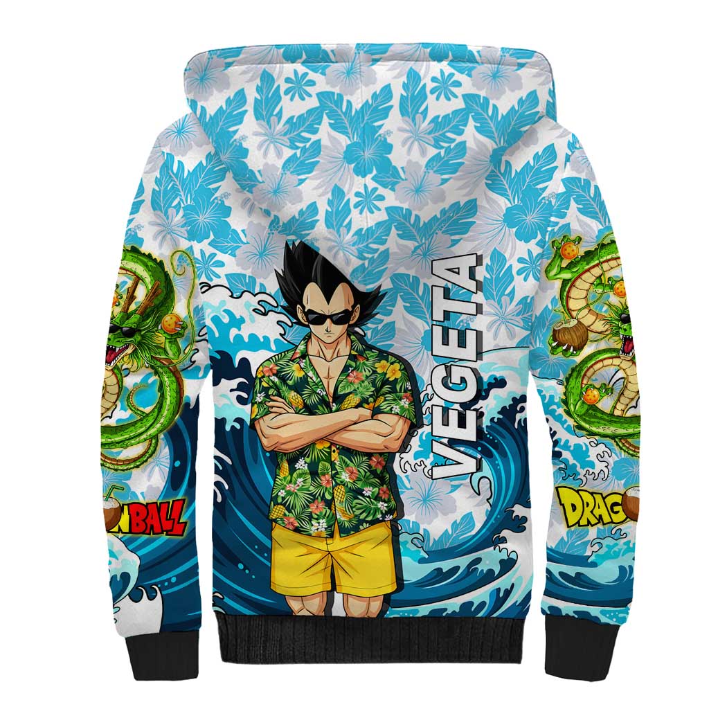 Vegeta Dragon Ball Summer Theme Sherpa Hoodie with Hawaiian Shirt Sunglasses Shenron and Ocean Wave Background - The Mazicc