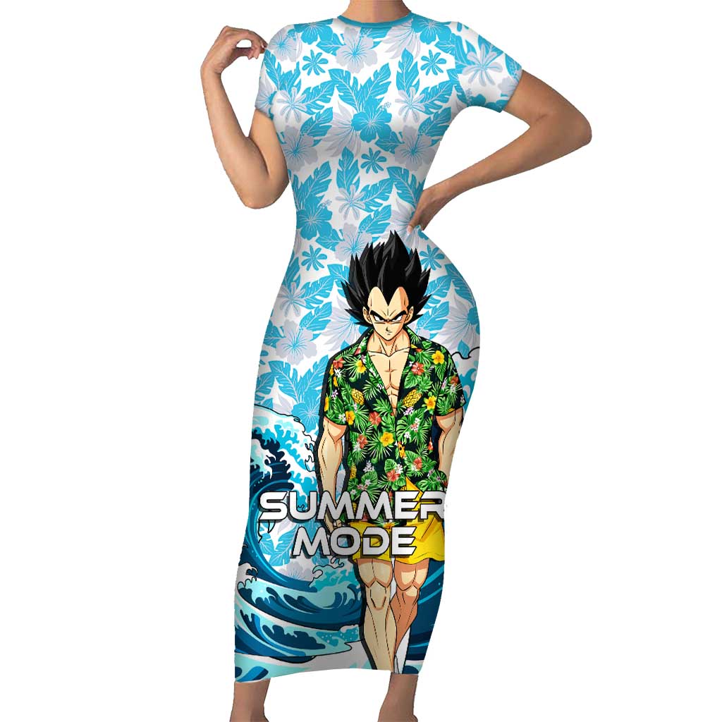 Vegeta Dragon Ball Summer Theme Short Sleeve Bodycon Dress with Hawaiian Shirt Sunglasses Shenron and Ocean Wave Background - The Mazicc