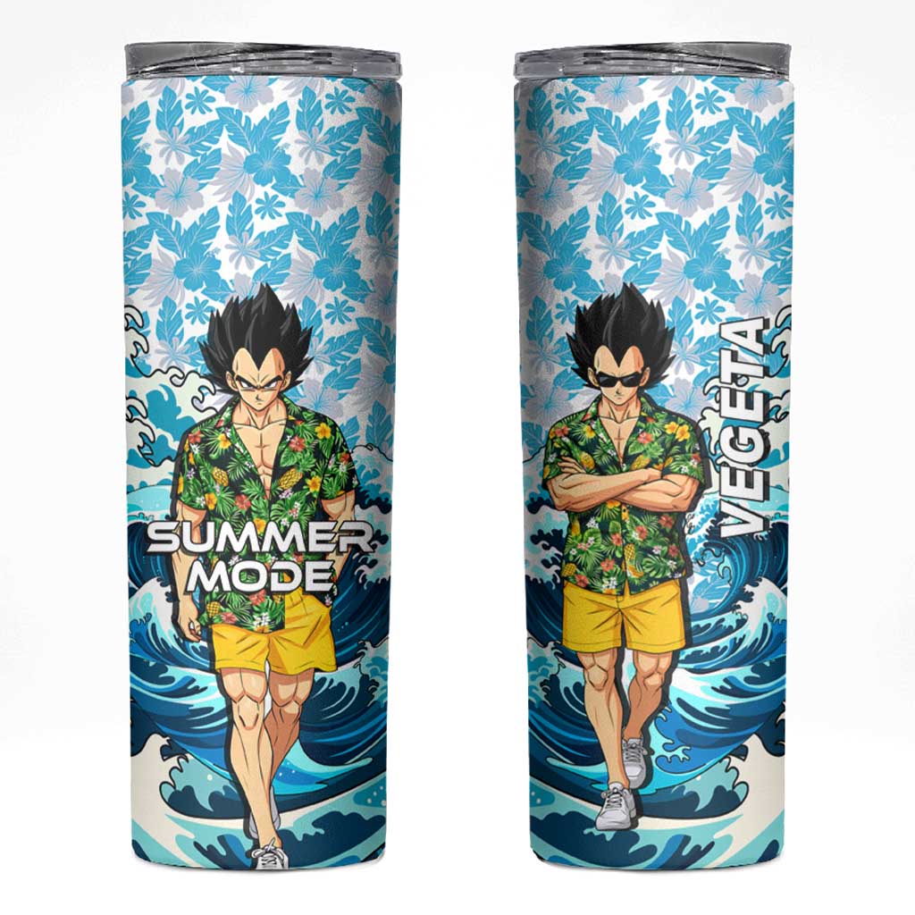 Vegeta Dragon Ball Summer Theme Skinny Tumbler with Hawaiian Shirt Sunglasses Shenron and Ocean Wave Background - The Mazicc