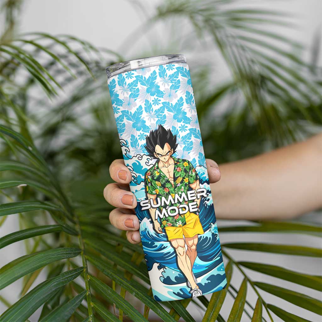 Vegeta Dragon Ball Summer Theme Skinny Tumbler with Hawaiian Shirt Sunglasses Shenron and Ocean Wave Background - The Mazicc