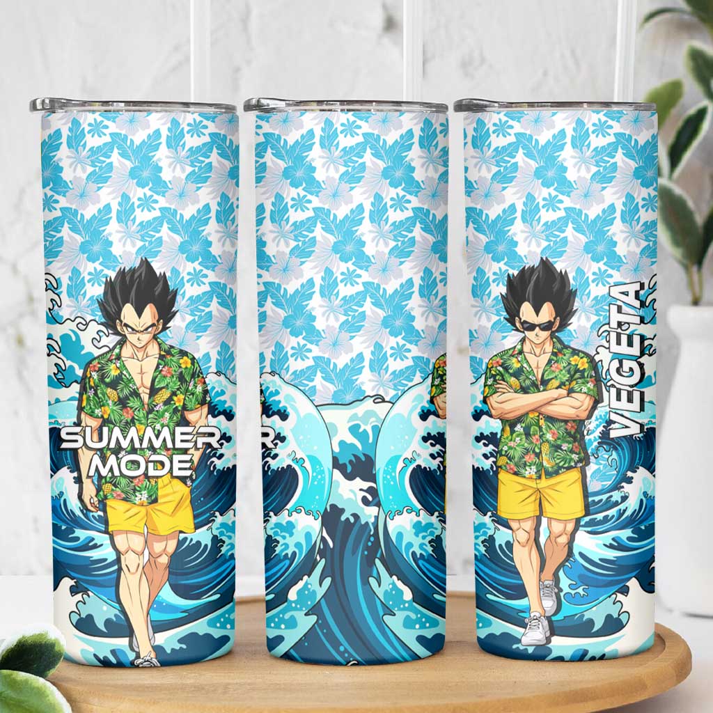 Vegeta Dragon Ball Summer Theme Skinny Tumbler with Hawaiian Shirt Sunglasses Shenron and Ocean Wave Background - The Mazicc