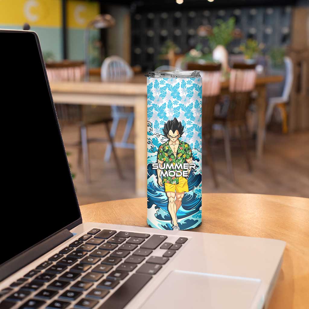 Vegeta Dragon Ball Summer Theme Skinny Tumbler with Hawaiian Shirt Sunglasses Shenron and Ocean Wave Background - The Mazicc
