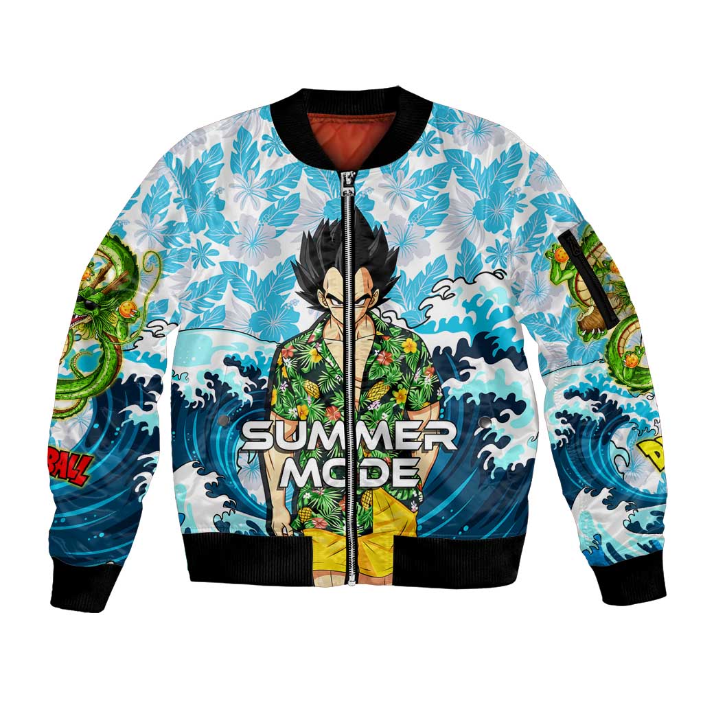 Vegeta Dragon Ball Summer Theme Sleeve Zip Bomber Jacket with Hawaiian Shirt Sunglasses Shenron and Ocean Wave Background - The Mazicc