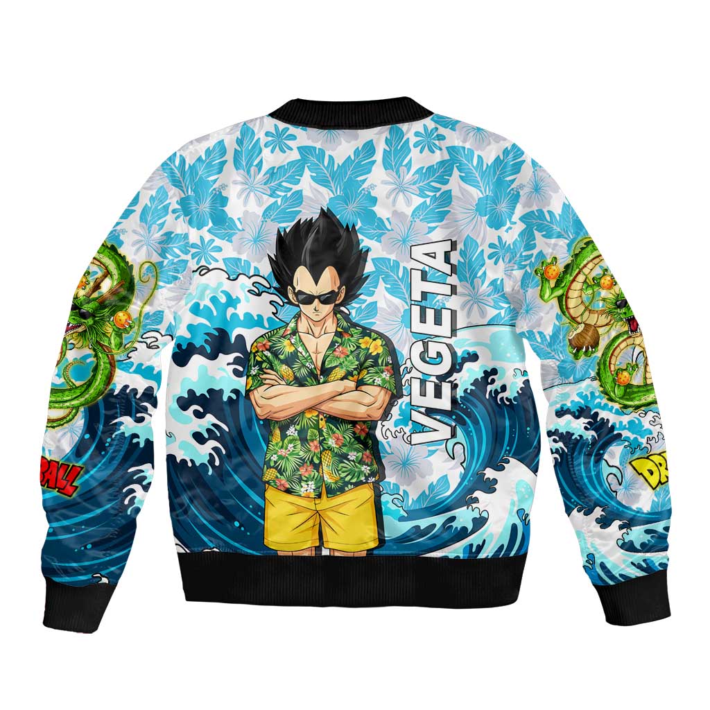 Vegeta Dragon Ball Summer Theme Sleeve Zip Bomber Jacket with Hawaiian Shirt Sunglasses Shenron and Ocean Wave Background - The Mazicc