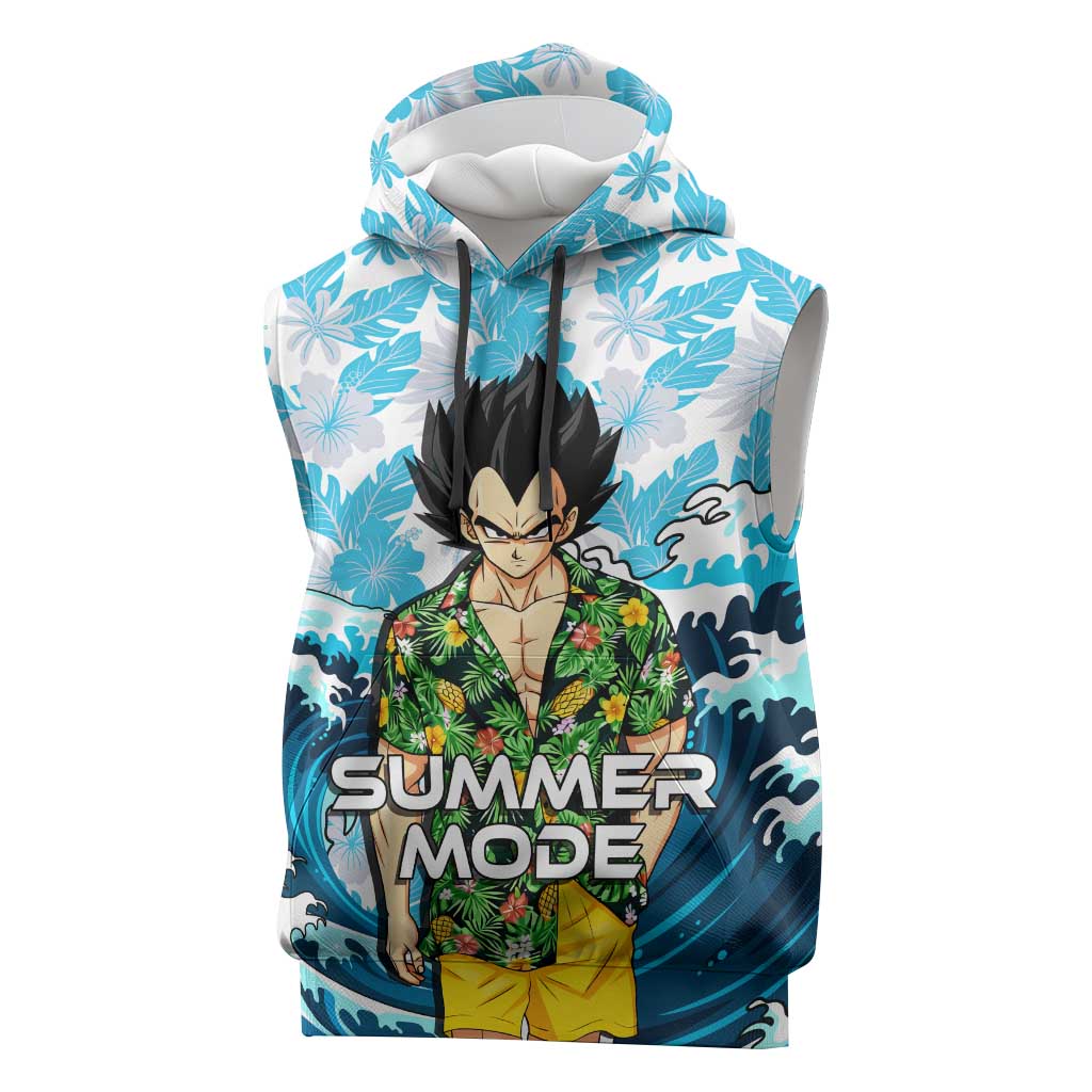 Vegeta Dragon Ball Summer Theme Sleeveless Hoodie with Hawaiian Shirt Sunglasses Shenron and Ocean Wave Background - The Mazicc