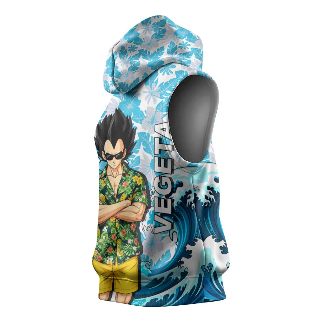Vegeta Dragon Ball Summer Theme Sleeveless Hoodie with Hawaiian Shirt Sunglasses Shenron and Ocean Wave Background - The Mazicc