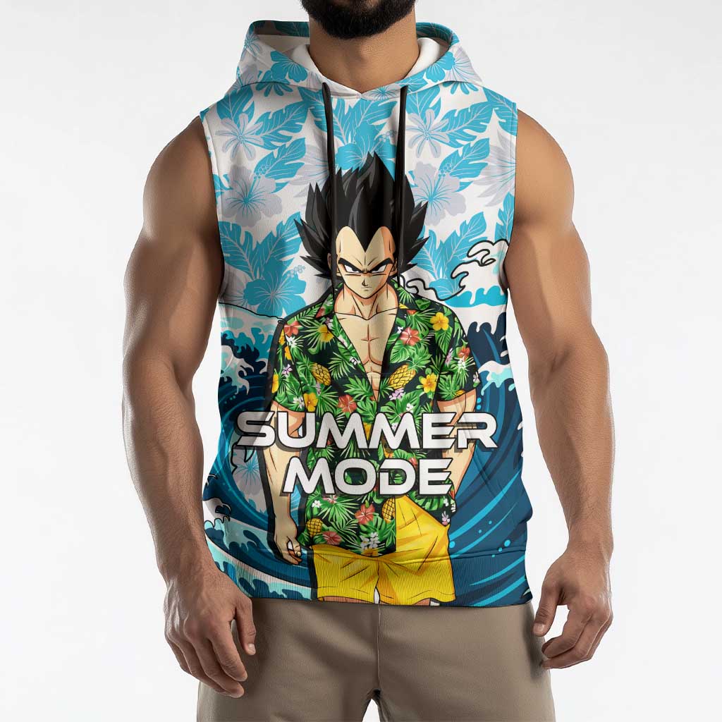 Vegeta Dragon Ball Summer Theme Sleeveless Hoodie with Hawaiian Shirt Sunglasses Shenron and Ocean Wave Background - The Mazicc