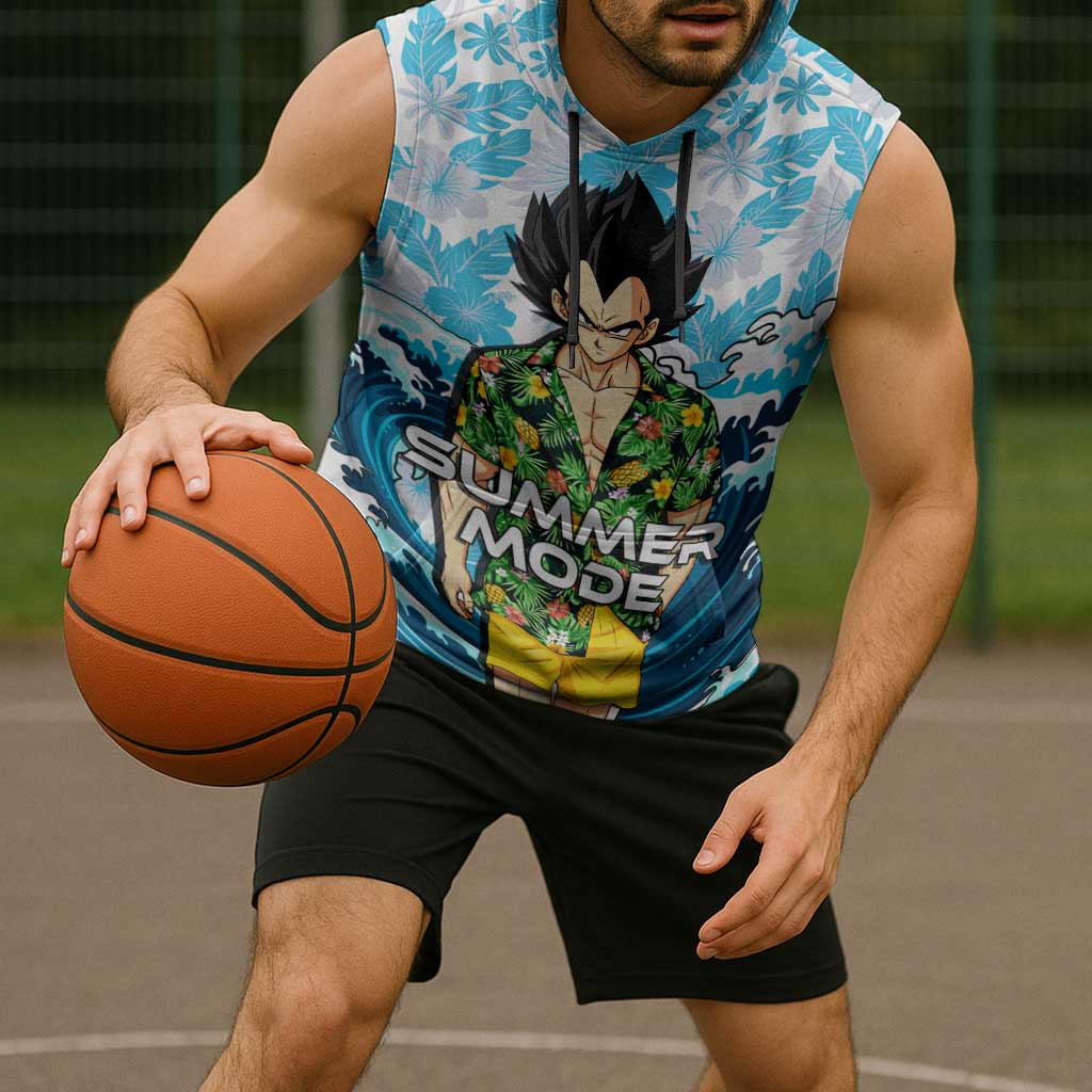 Vegeta Dragon Ball Summer Theme Sleeveless Hoodie with Hawaiian Shirt Sunglasses Shenron and Ocean Wave Background - The Mazicc