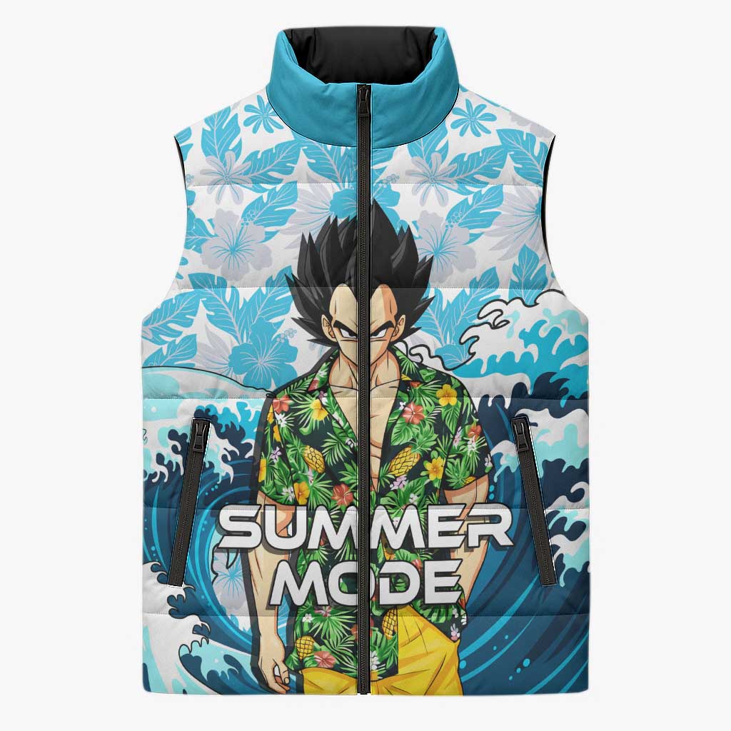 Vegeta Dragon Ball Summer Theme Sleeveless Puffer Jacket with Hawaiian Shirt Sunglasses Shenron and Ocean Wave Background - The Mazicc
