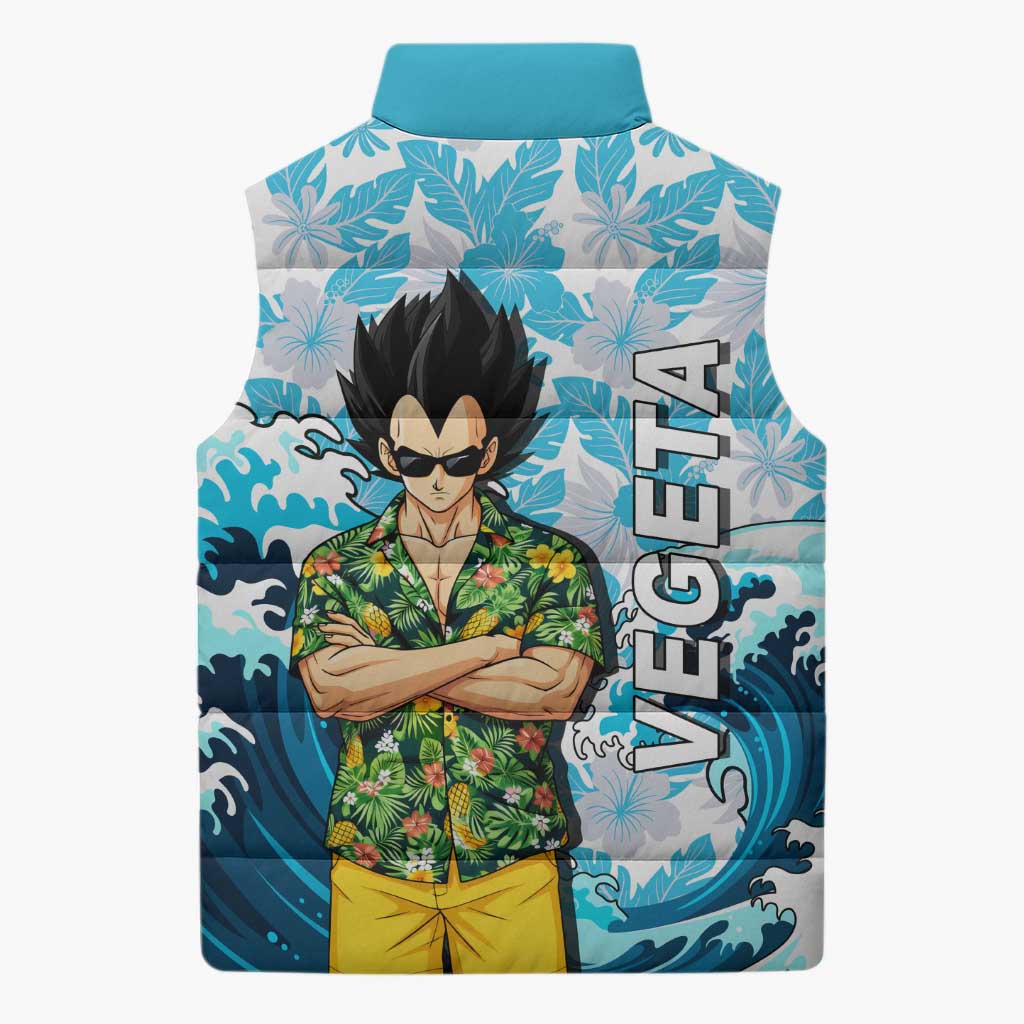 Vegeta Dragon Ball Summer Theme Sleeveless Puffer Jacket with Hawaiian Shirt Sunglasses Shenron and Ocean Wave Background - The Mazicc
