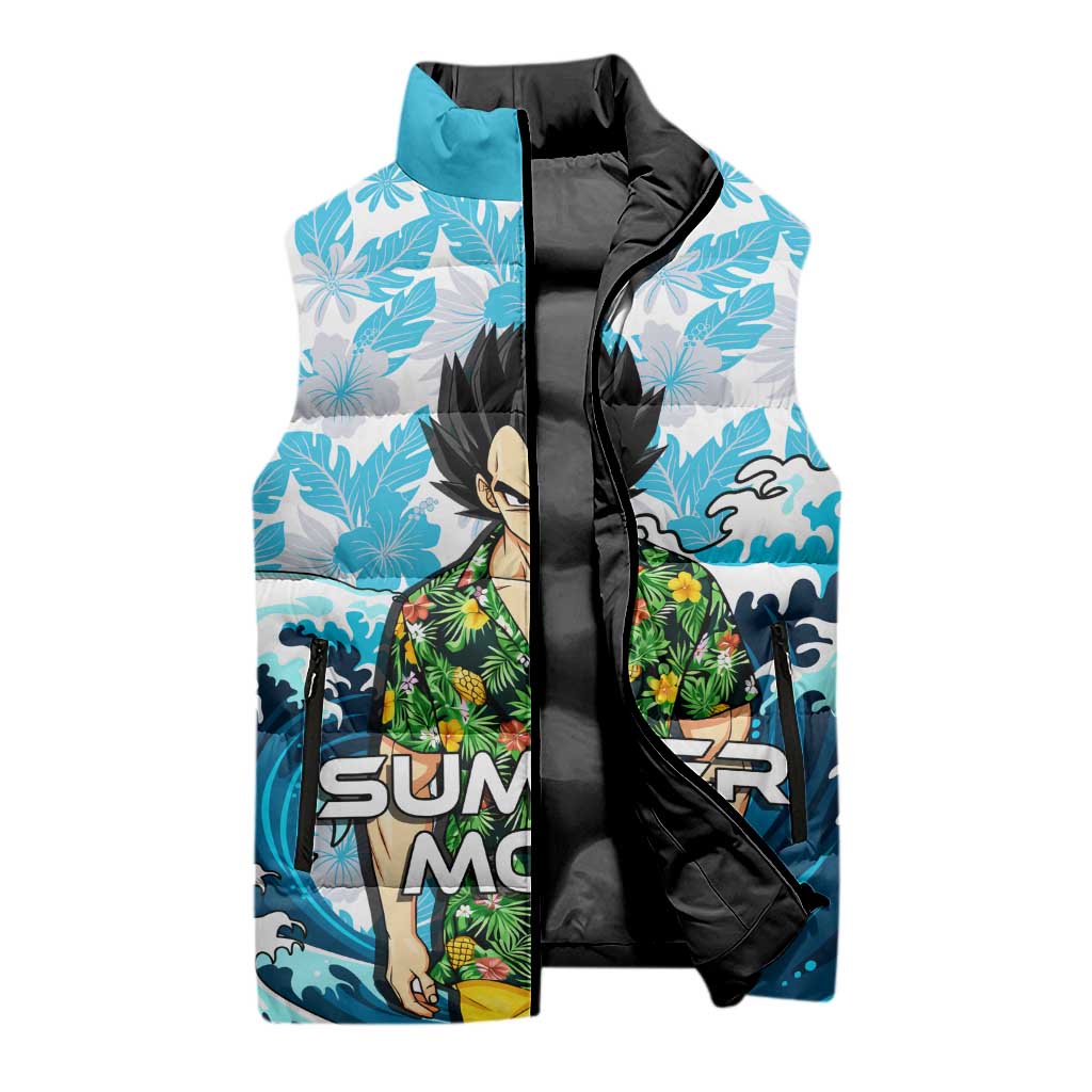 Vegeta Dragon Ball Summer Theme Sleeveless Puffer Jacket with Hawaiian Shirt Sunglasses Shenron and Ocean Wave Background - The Mazicc
