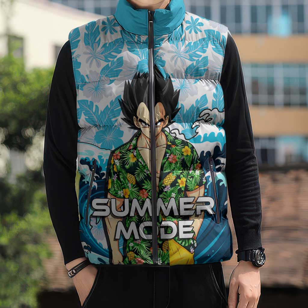 Vegeta Dragon Ball Summer Theme Sleeveless Puffer Jacket with Hawaiian Shirt Sunglasses Shenron and Ocean Wave Background - The Mazicc