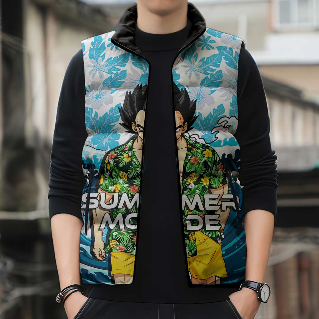 Vegeta Dragon Ball Summer Theme Sleeveless Puffer Jacket with Hawaiian Shirt Sunglasses Shenron and Ocean Wave Background - The Mazicc
