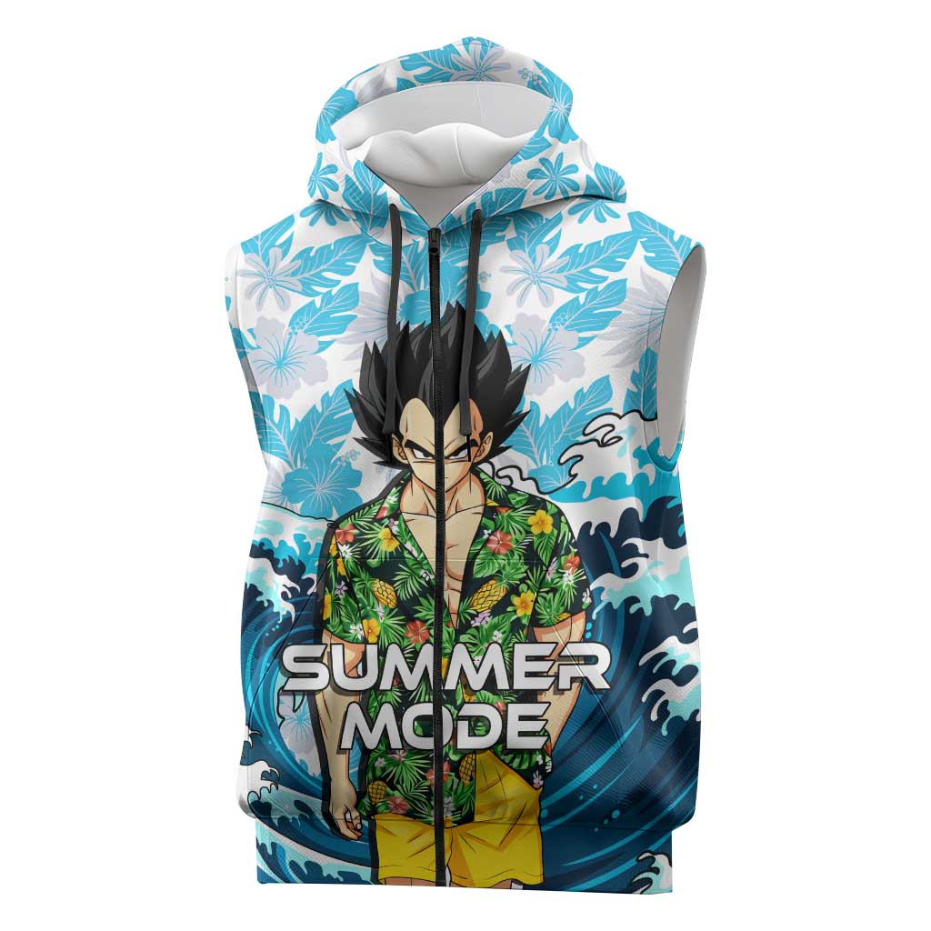 Vegeta Dragon Ball Summer Theme Sleeveless Zip Hoodie with Hawaiian Shirt Sunglasses Shenron and Ocean Wave Background - The Mazicc