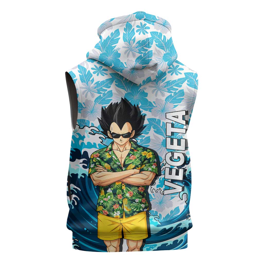 Vegeta Dragon Ball Summer Theme Sleeveless Zip Hoodie with Hawaiian Shirt Sunglasses Shenron and Ocean Wave Background - The Mazicc