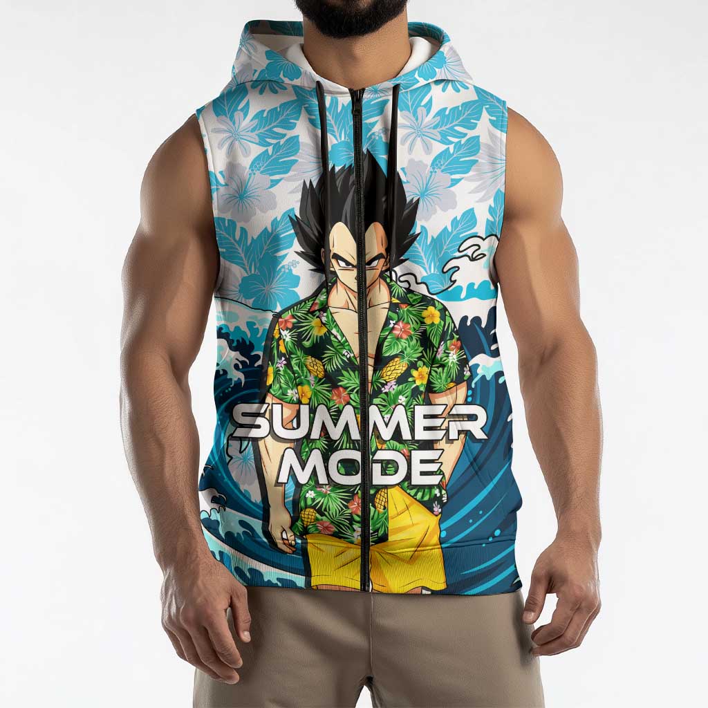 Vegeta Dragon Ball Summer Theme Sleeveless Zip Hoodie with Hawaiian Shirt Sunglasses Shenron and Ocean Wave Background - The Mazicc