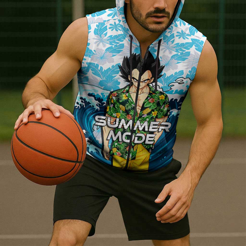 Vegeta Dragon Ball Summer Theme Sleeveless Zip Hoodie with Hawaiian Shirt Sunglasses Shenron and Ocean Wave Background - The Mazicc