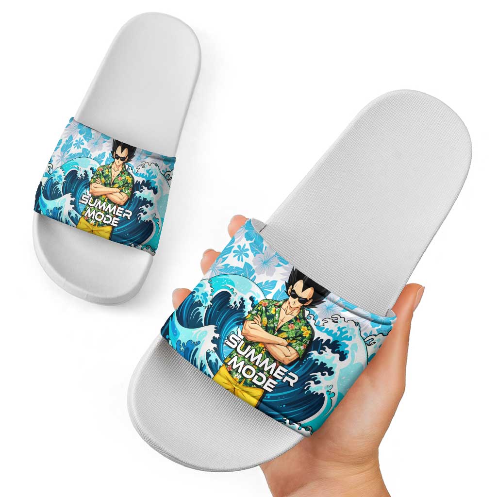 Vegeta Dragon Ball Summer Theme Slide Sandals with Hawaiian Shirt Sunglasses Shenron and Ocean Wave Background - The Mazicc