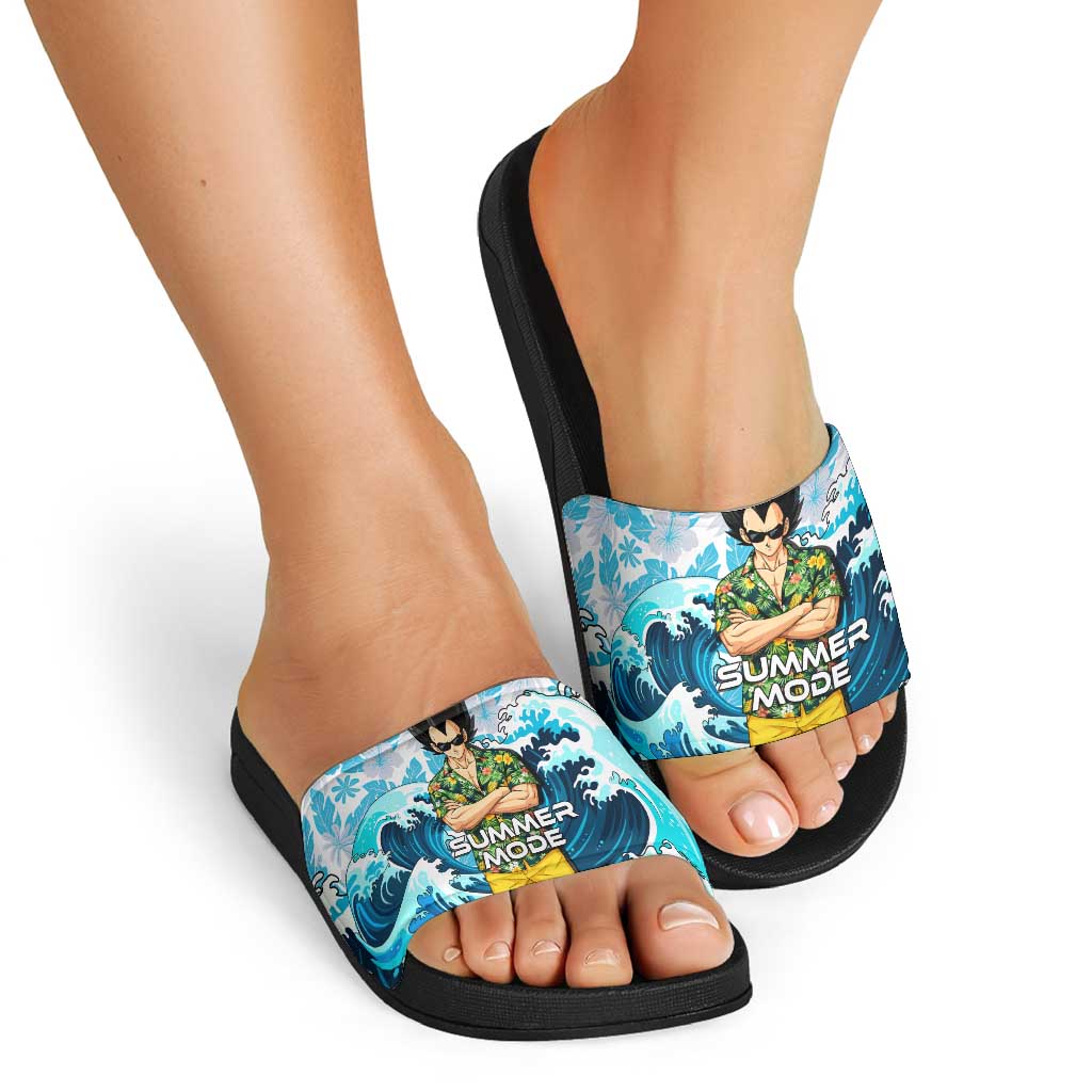 Vegeta Dragon Ball Summer Theme Slide Sandals with Hawaiian Shirt Sunglasses Shenron and Ocean Wave Background - The Mazicc