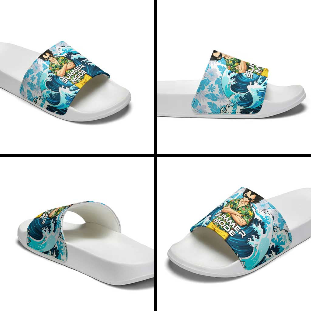 Vegeta Dragon Ball Summer Theme Slide Sandals with Hawaiian Shirt Sunglasses Shenron and Ocean Wave Background - The Mazicc