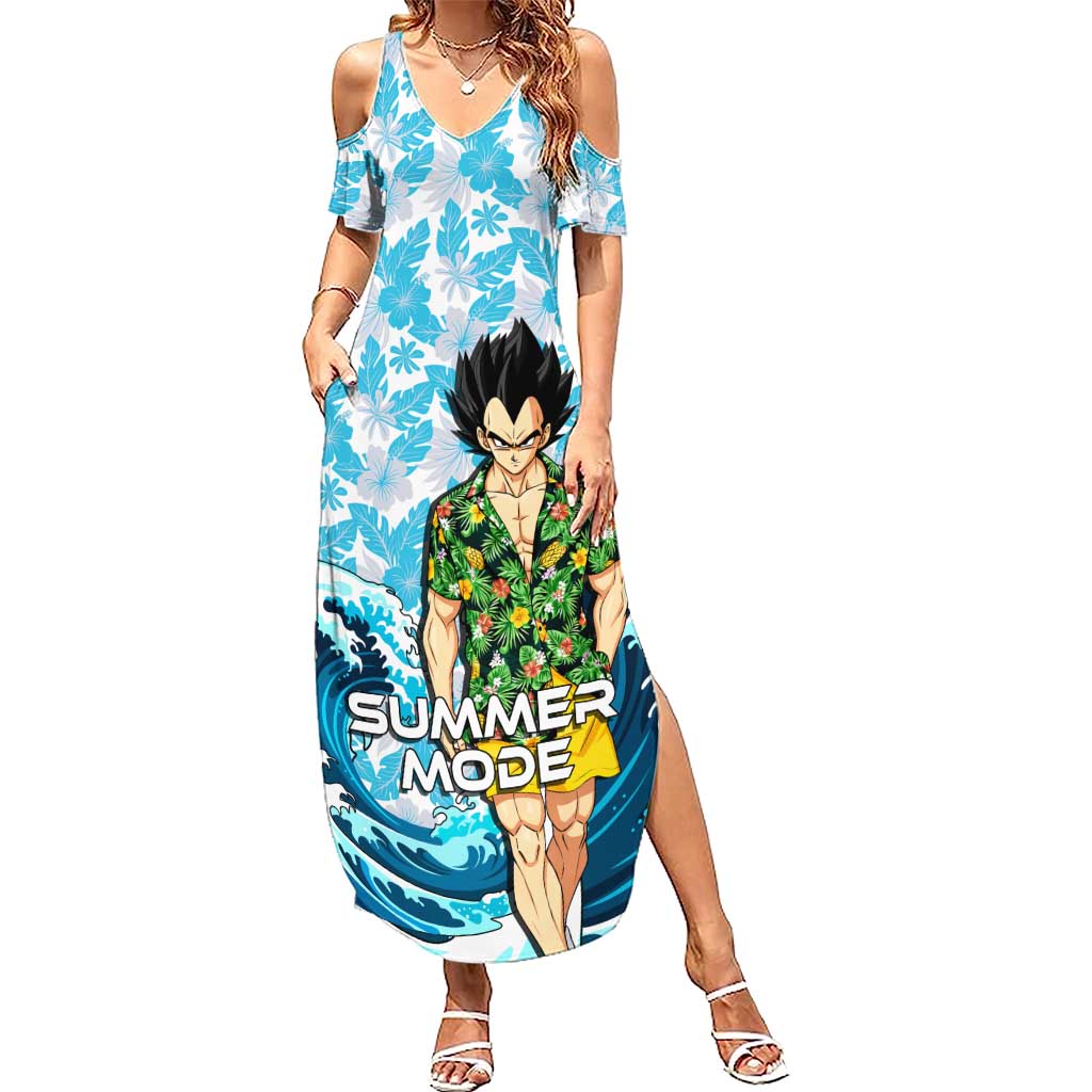 Vegeta Dragon Ball Summer Theme Summer Maxi Dress with Hawaiian Shirt Sunglasses Shenron and Ocean Wave Background - The Mazicc